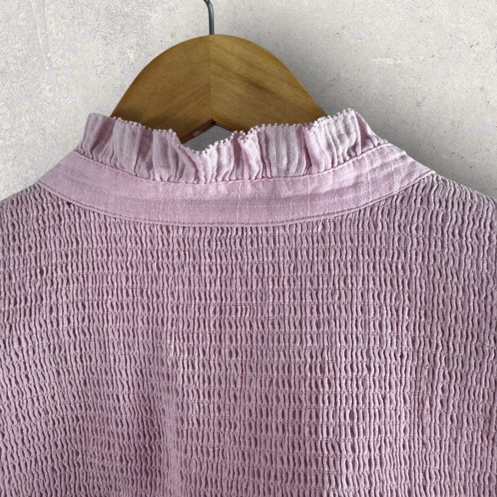 J. Crew Blouse 1/2 Button Popover Pink Ruffle Smocked Crinkle Gauze Size Medium - Picture 4 of 14